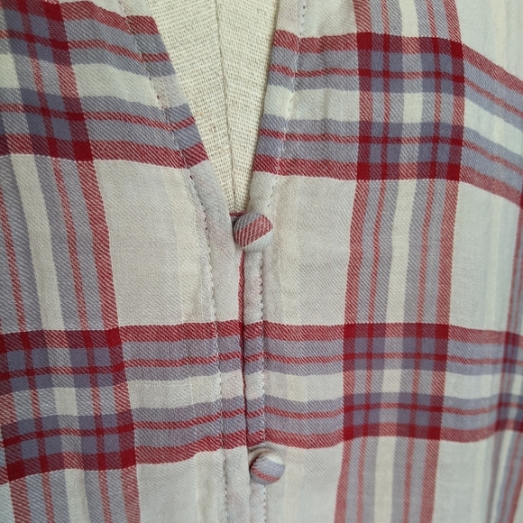 PAIGE Top Button Front Tie Split Neck Short Sleeve Plaid Cream Red Grey L NWT - Picture 11 of 14